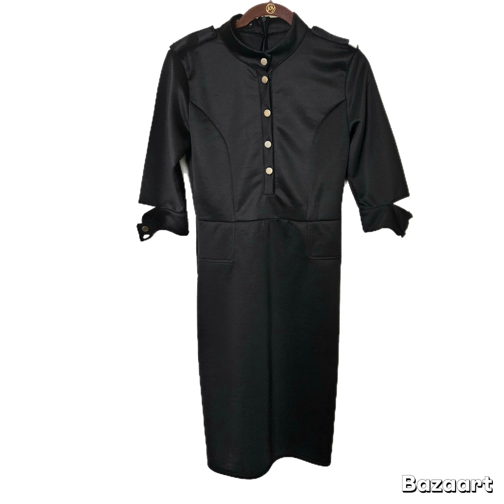 Womens Misses Lapel Black Button-Up Dress 1/2 Button Cut Out Sleeves Zippered